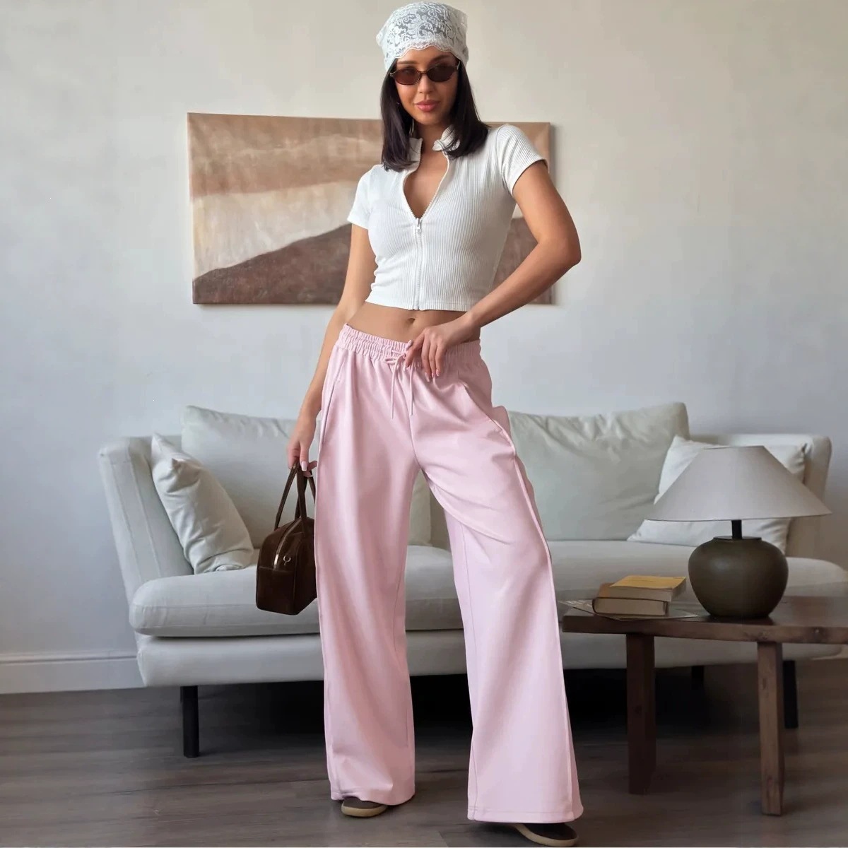 High-Waist Elastic Waist Straight-Leg Casual Pants for Women