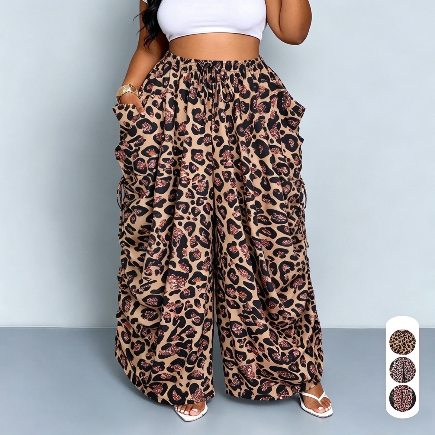 Leopard Print Wide-Leg Harem Pants High Waist Linen-Blend Lightweight