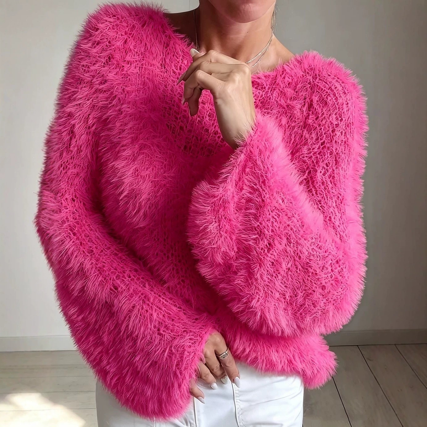 Macaron Color Crewneck Fluffy Long-Sleeve Top