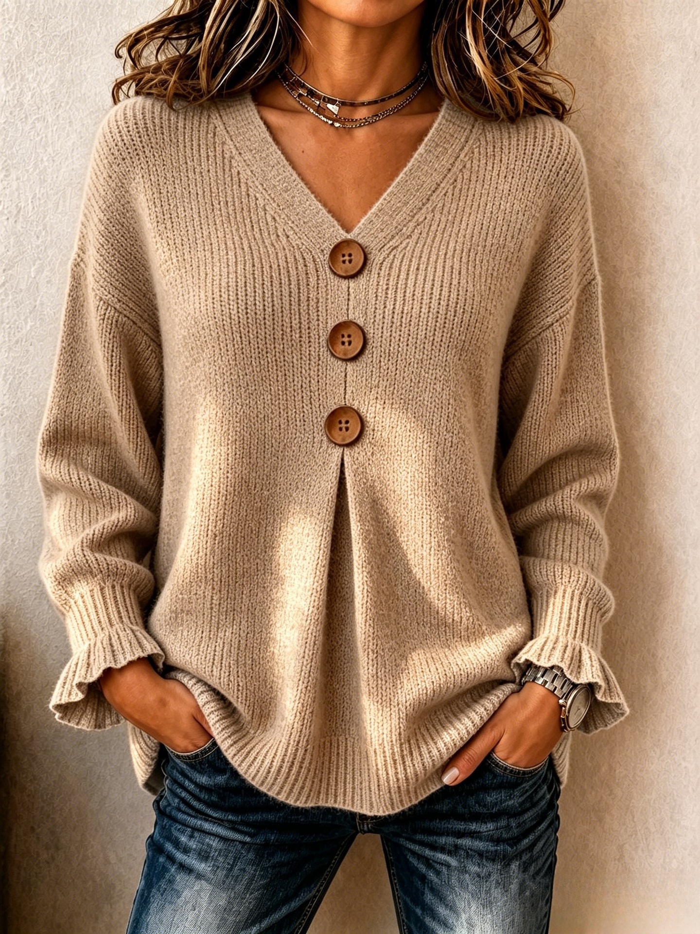 V-Neck Button Knit Sweater with Ruffle Cuffs Loose Relaxed Fit