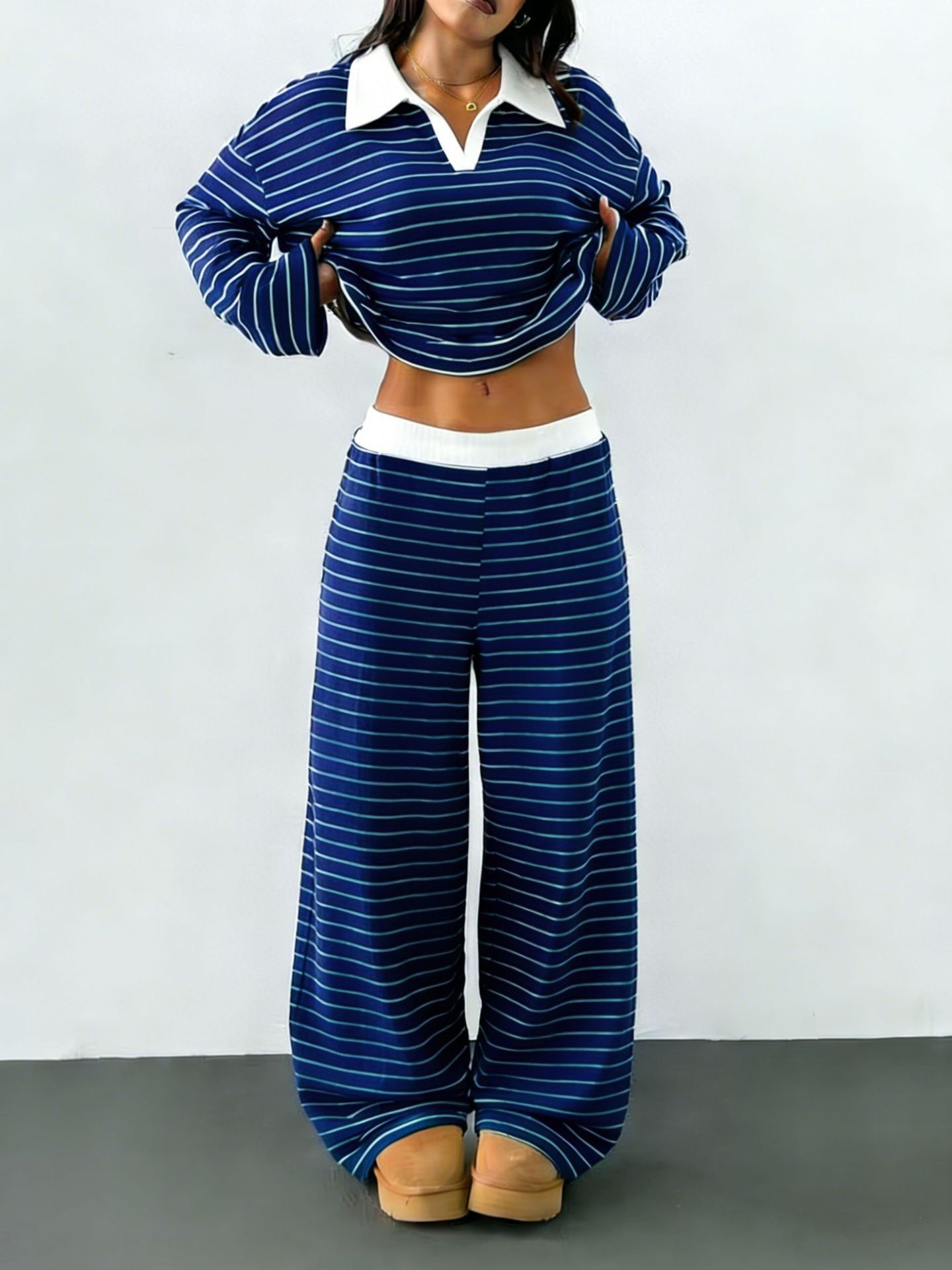 Striped Colorblock Two-Piece Set with Collared Top and Elastic Waist Pants