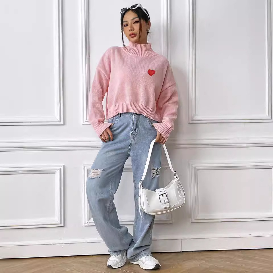 Women's Cropped Turtleneck Sweater with Heart Patch