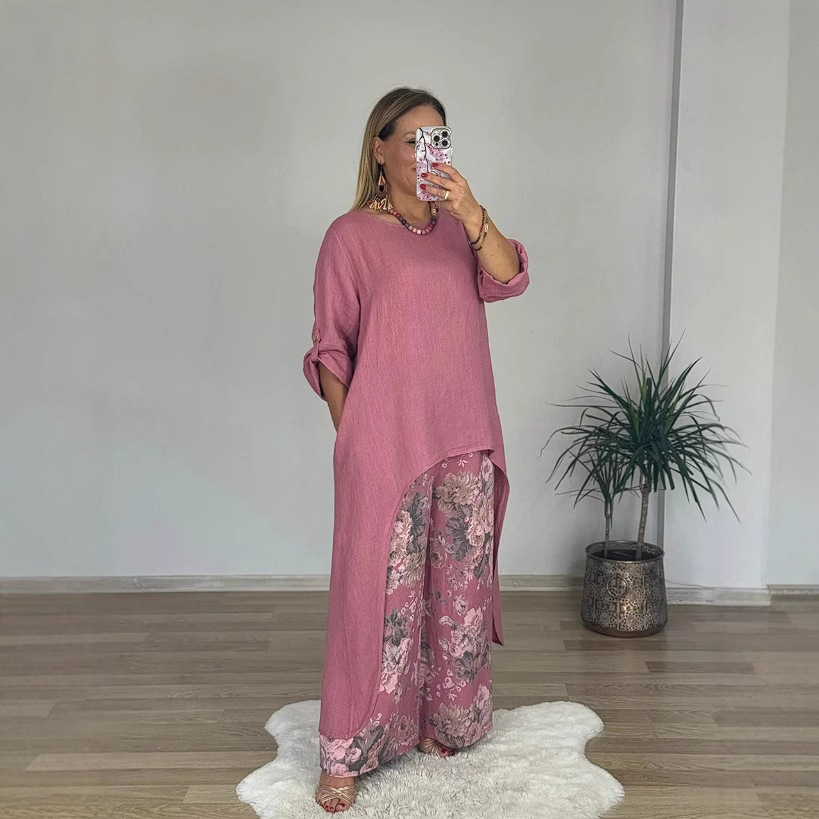 Women's Cotton Linen Asymmetric Top & Wide-Leg Pants Set