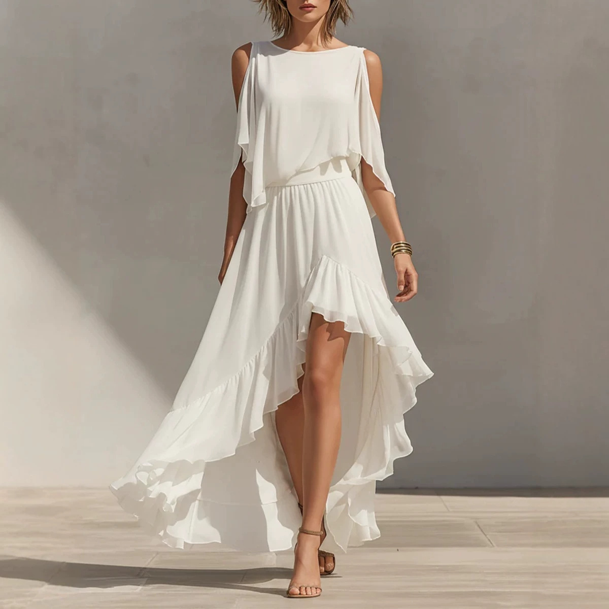Flowy Ruffle High-Low Maxi Dress with Round Neck