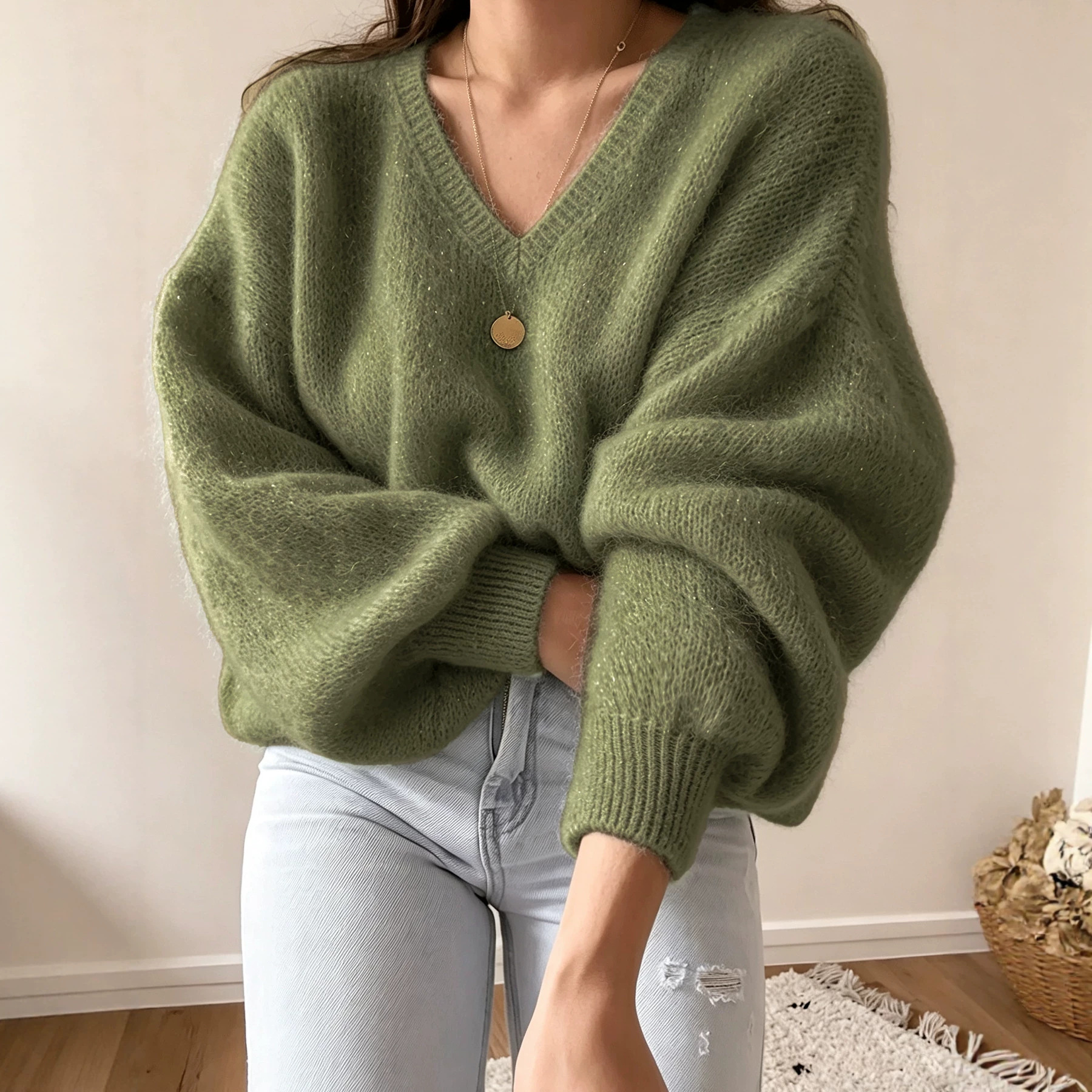 Women's V-Neck Solid Color Loose Drop Shoulder Lantern Sleeve Knit Pullover Sweater