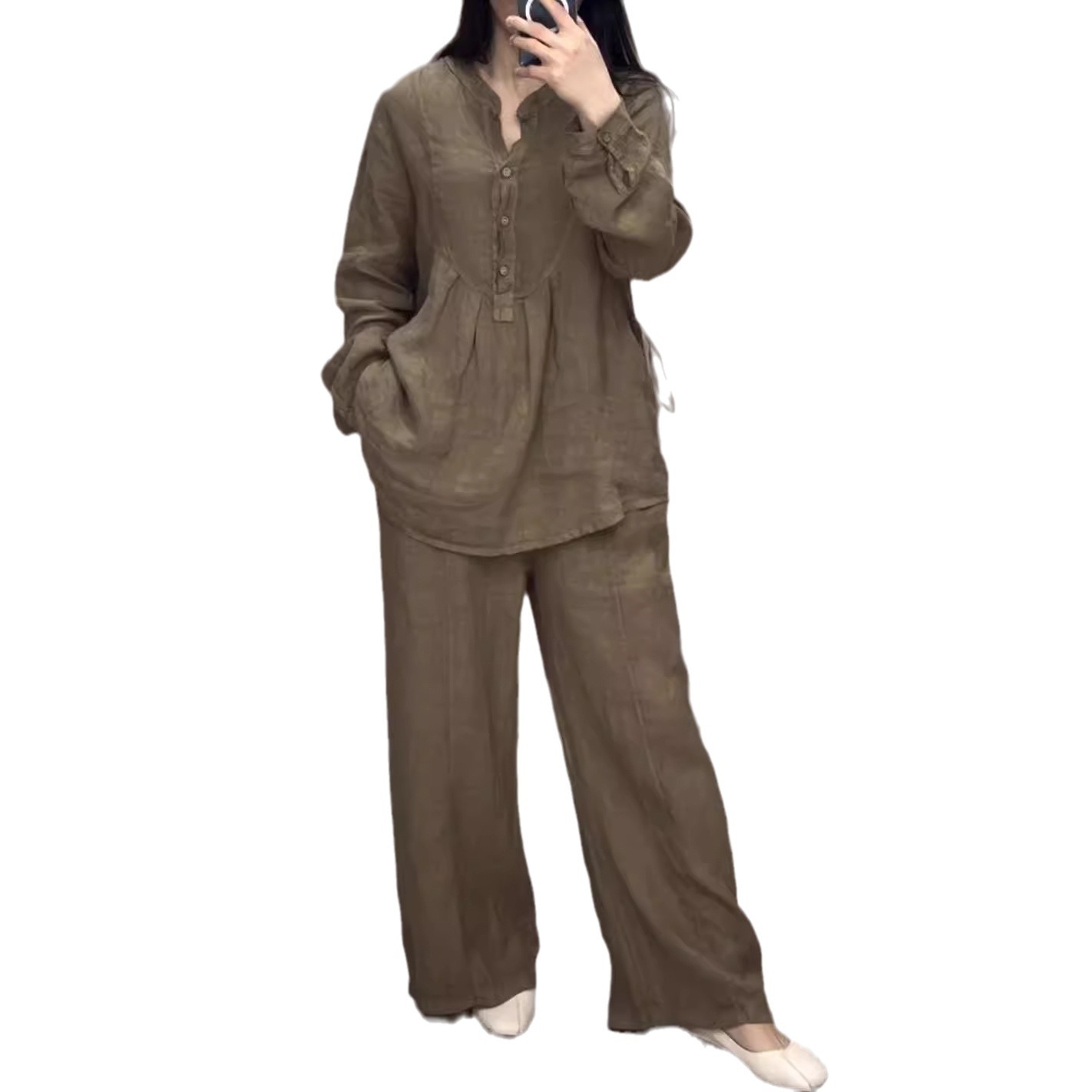 Cotton Linen Long Sleeve Half-Placket Pleated Wide-Leg Pants Set