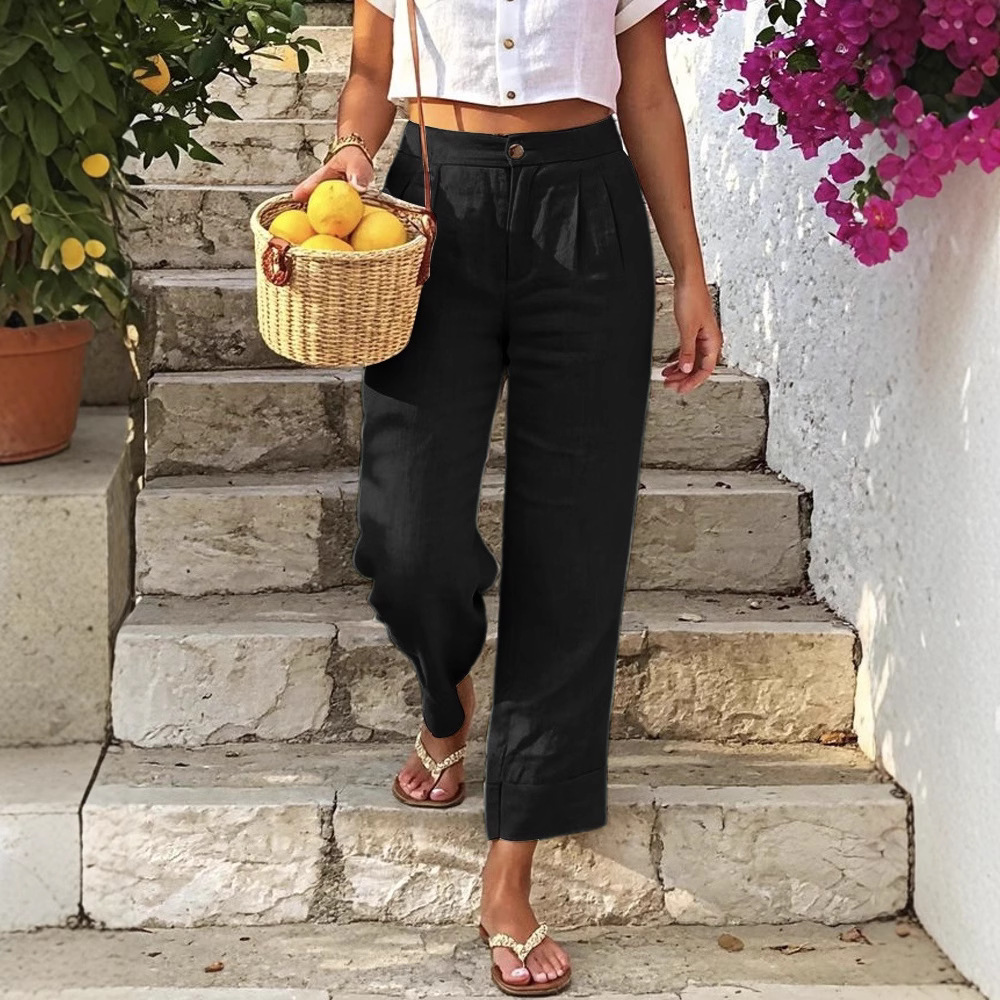 Women's Cotton-Linen Straight-Leg Cropped Pants with Button Detail