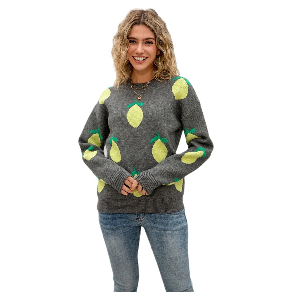 Lemon Jacquard Knit Sweater Women's Loose Crewneck Pullover
