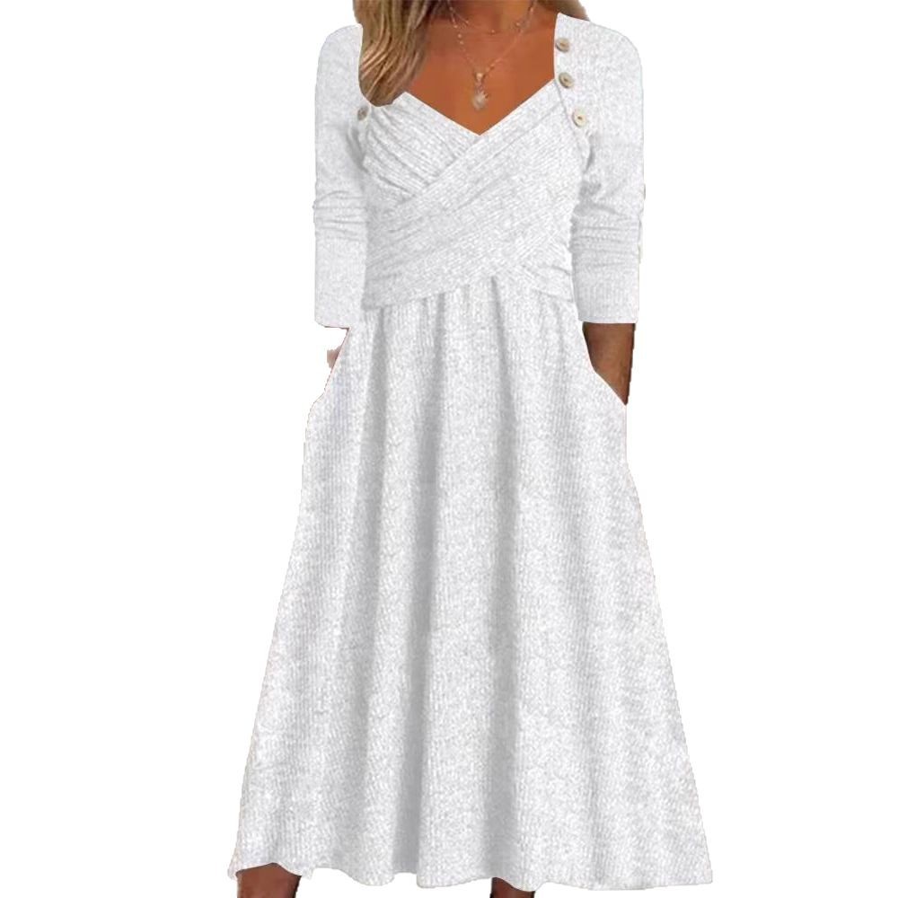 V-Neck Solid Color Long Sleeve Casual Dress