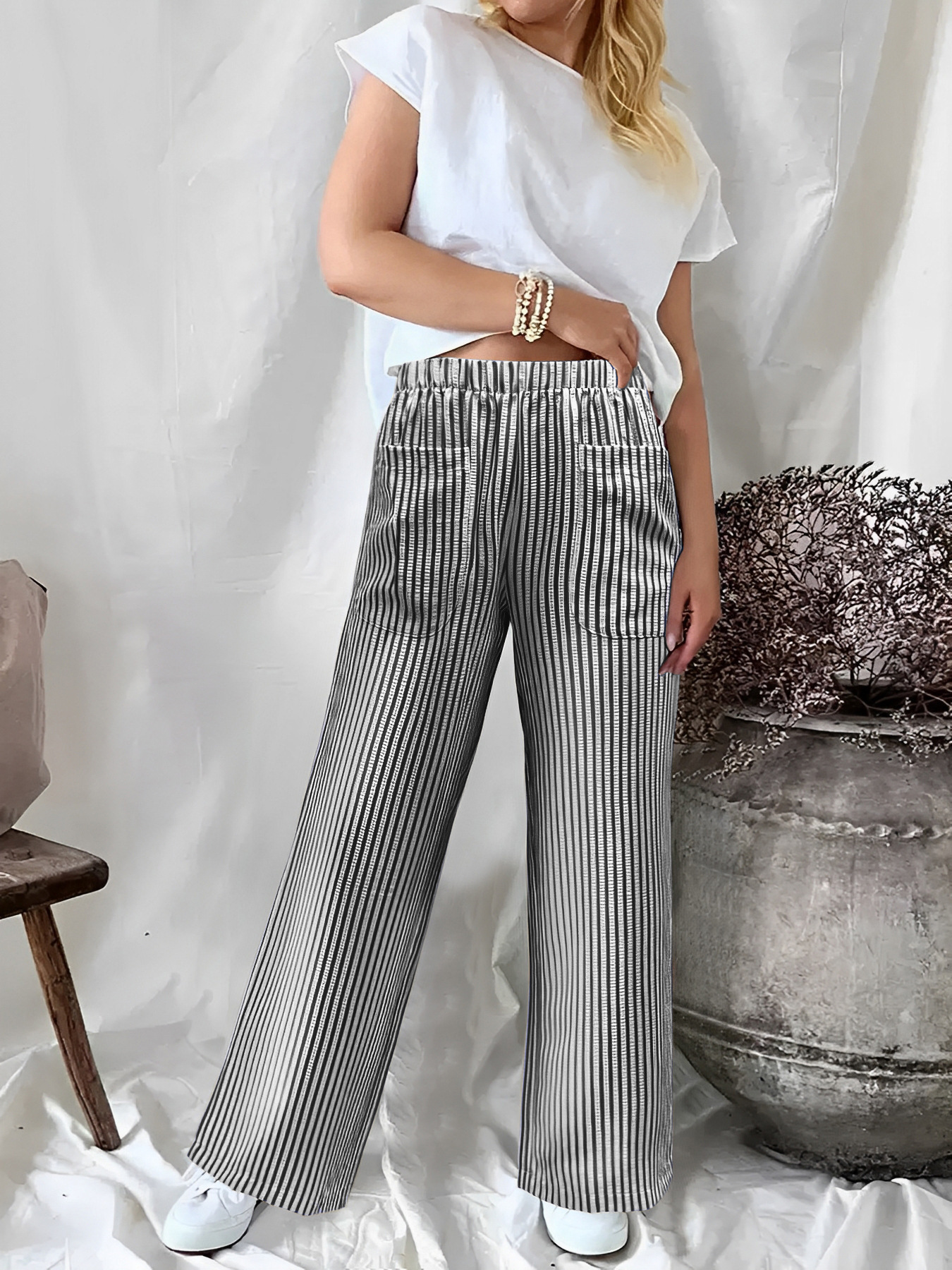Women's Striped Wide-Leg Pants with Pockets Casual Loose Fit