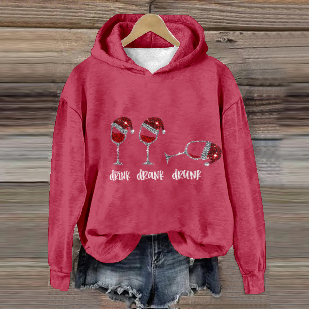 Women's Letter Snowman Christmas Reindeer Wine Glass Print Hoodie