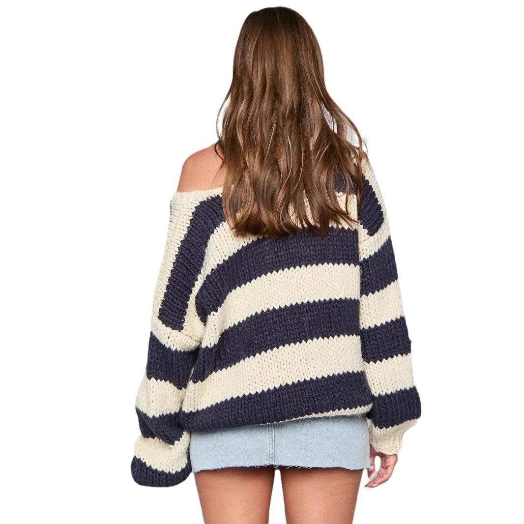 Striped One-Shoulder Knit Sweater