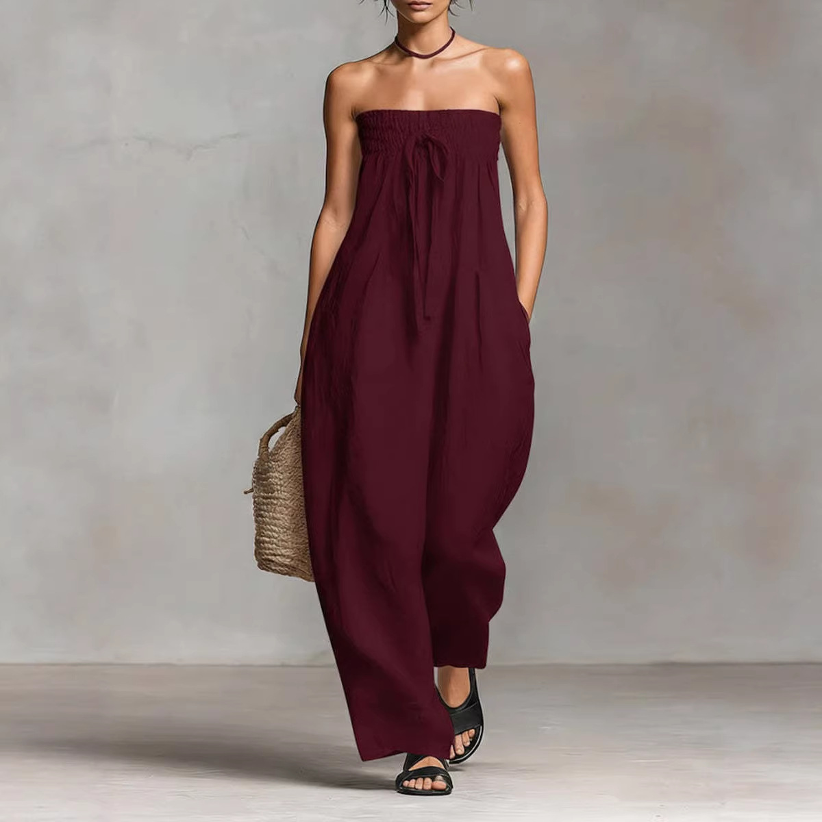 Women's Strapless Tie-Front Smocked Jumpsuit