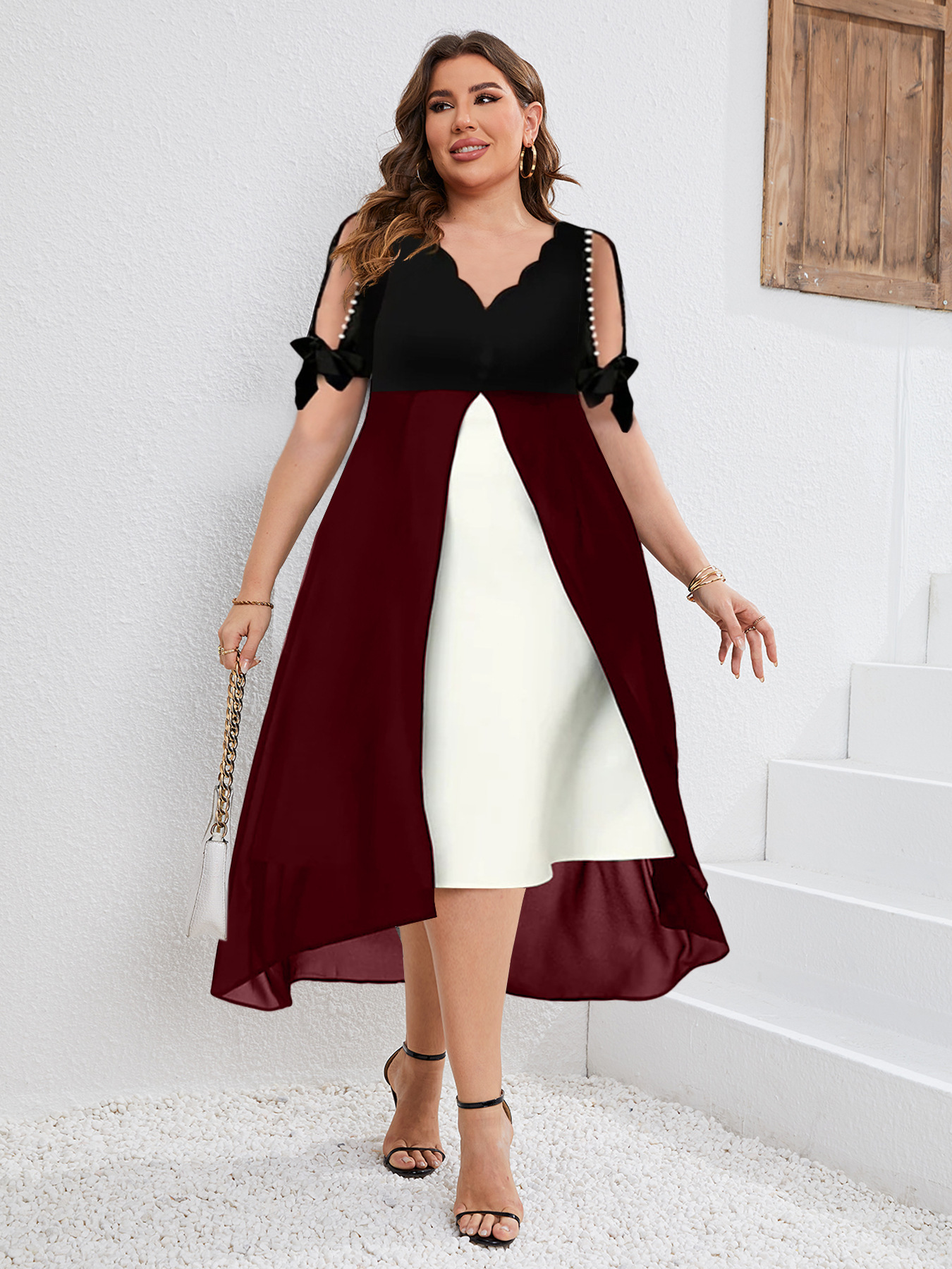 Plus Size V-Neck Faux Two-Piece Asymmetric Midi Dress