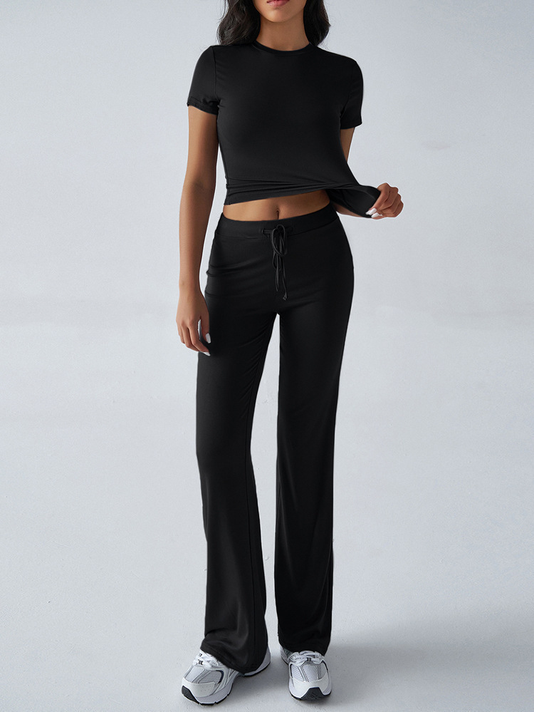 Women's Casual Solid Color Round Neck Short Sleeve Top and Long Pants Set