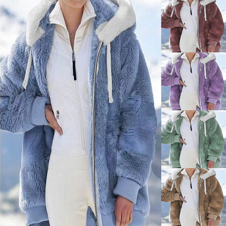 Women's Loose Solid Fleece Zip-Up Hooded Jacket