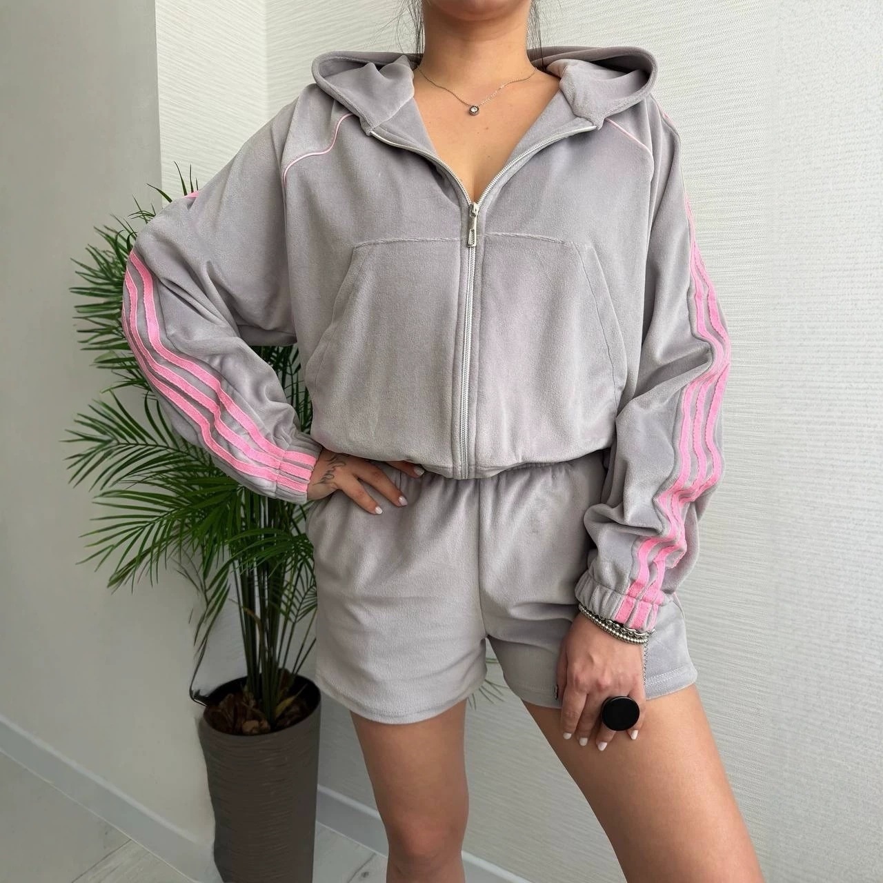 Velvet Color-Block Striped Zip Cardigan & Elastic Shorts Set