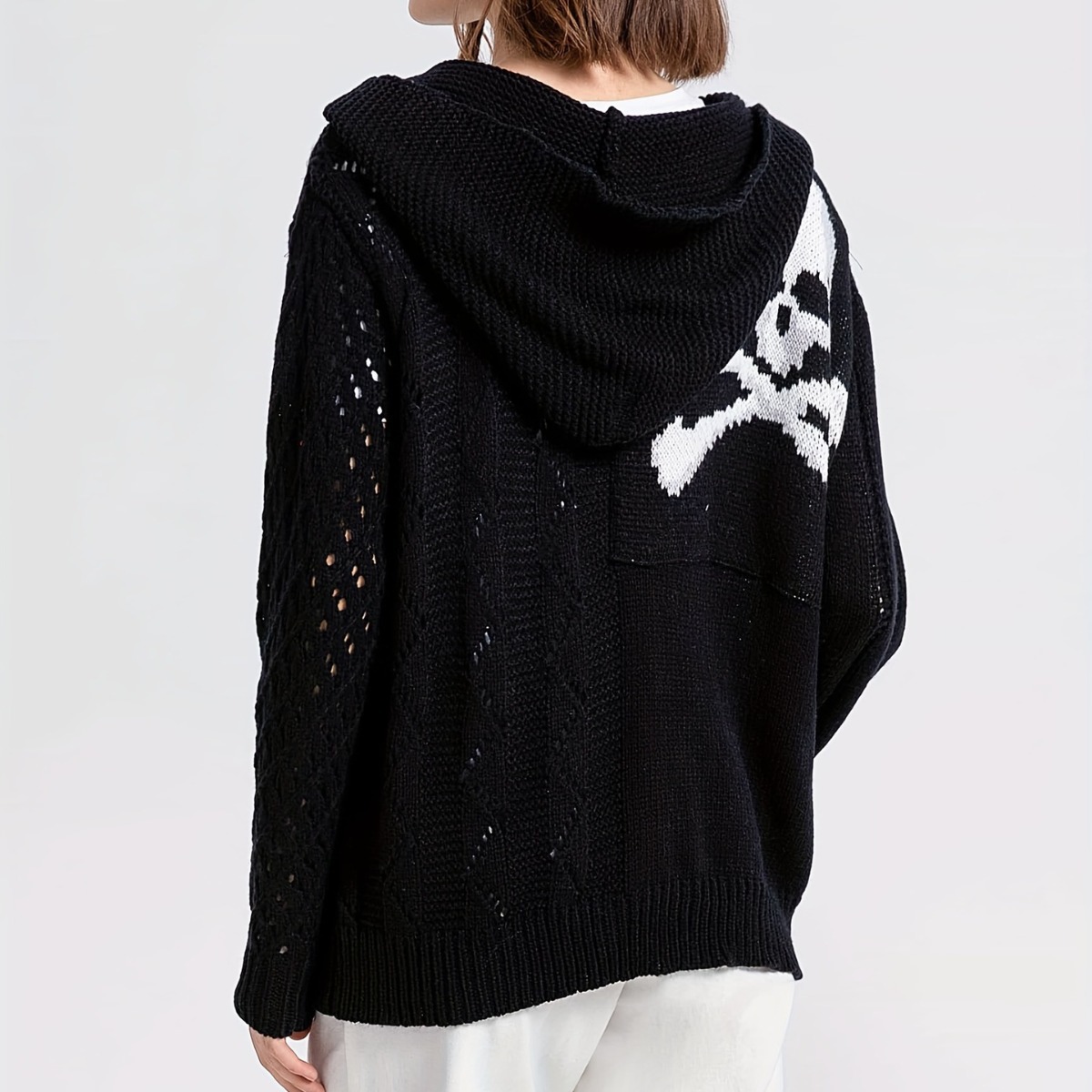 Gothic Skull Hooded Cardigan Sweater Women's Punk Knit