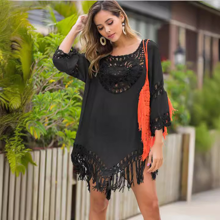 Women's Solid Color Hand-Crochet Fringe Loose Beach Cover-Up