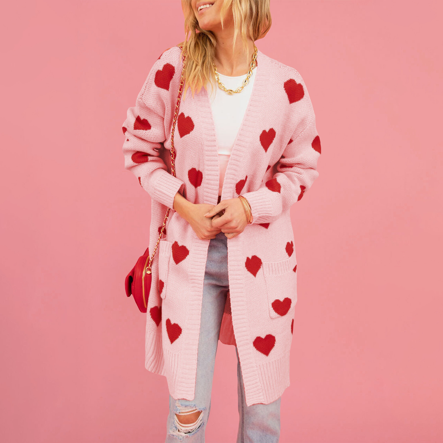 Heart Jacquard Knit Midi Cardigan Sweater Coat Women's Plus Size