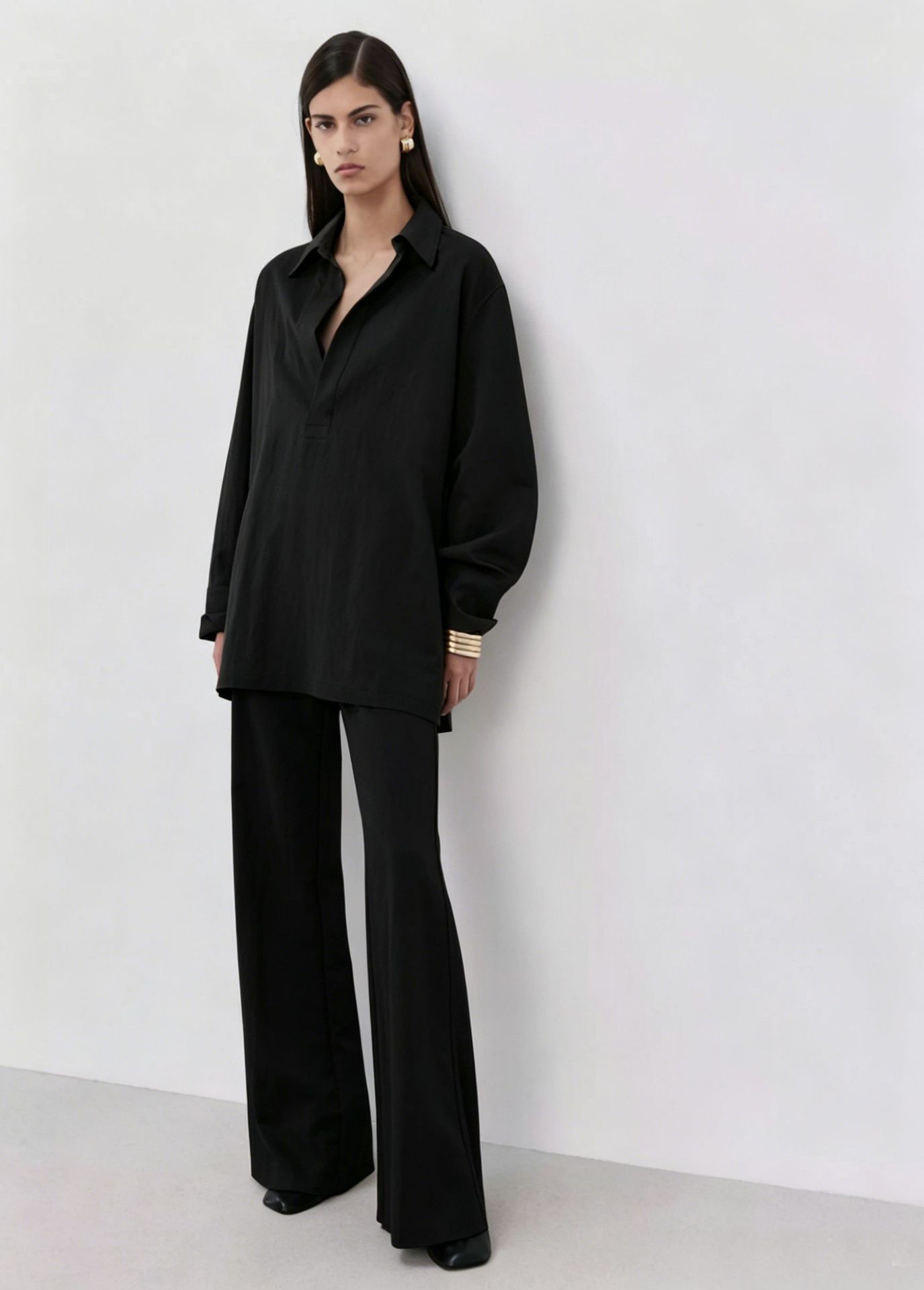 Women's Two-Piece Collared Shirt Set Long Sleeve Solid Color