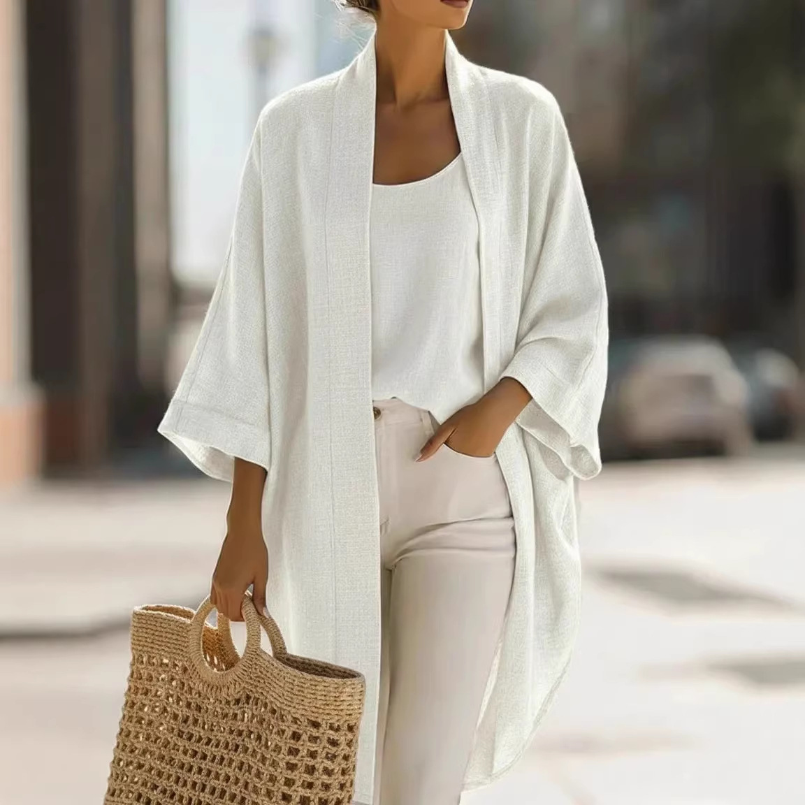 Women's Solid Color Cardigan & Tee Two-Piece Set Casual Loose Fit