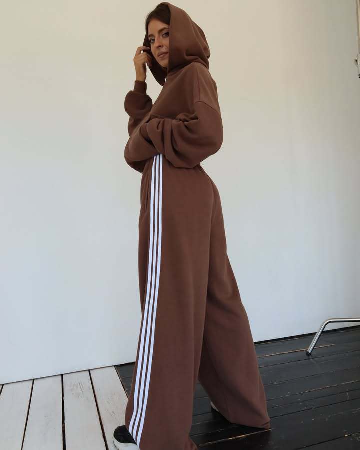 Women's Hooded Drawstring Colorblock Striped Wide-Leg Two-Piece Pants Set