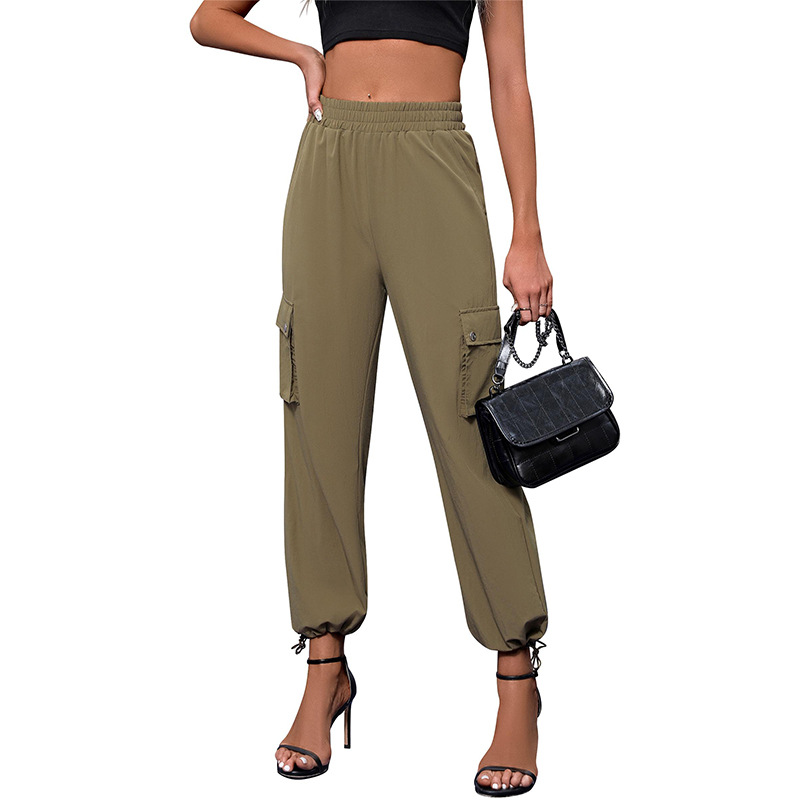 Women's High-Waist Parachute Cargo Pants with Drawstring and Pockets