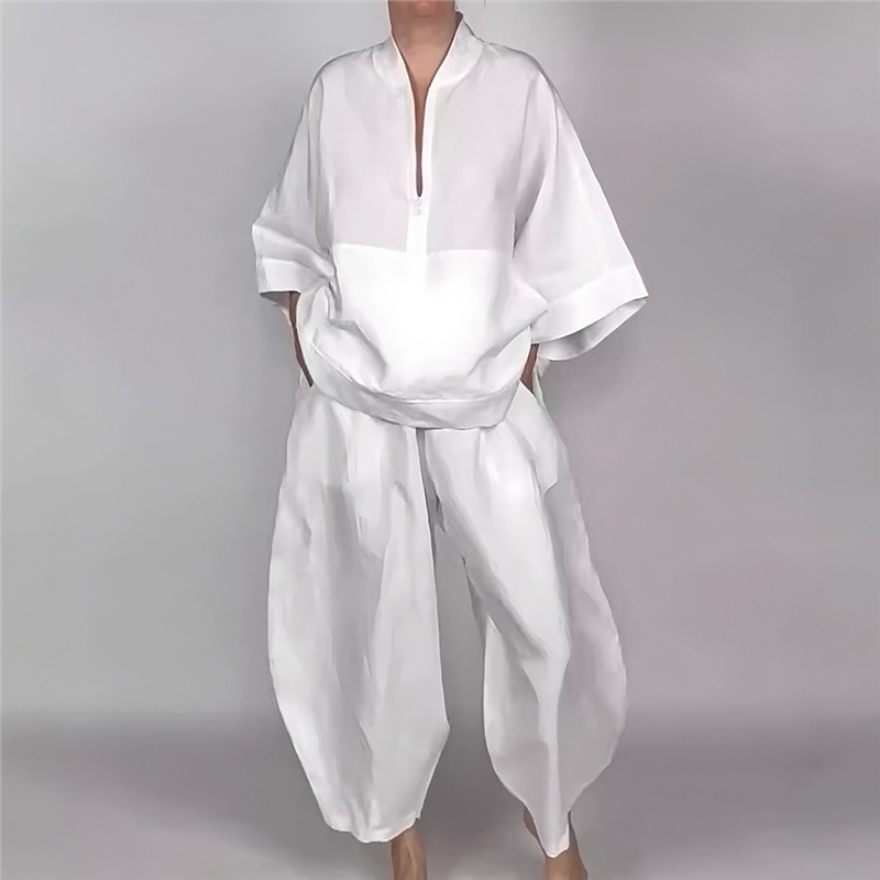 Relaxed Solid Half-Zip Top and Bloomer Pants Set