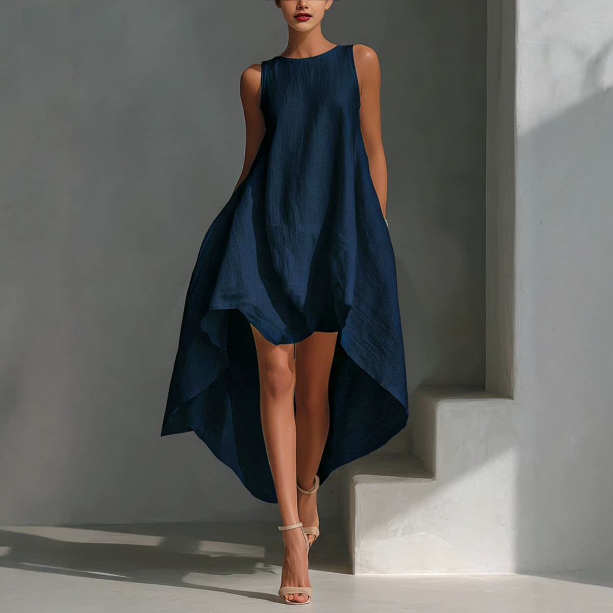 Women's Summer Sleeveless Round Neck Solid Color Flowy Midi Dress