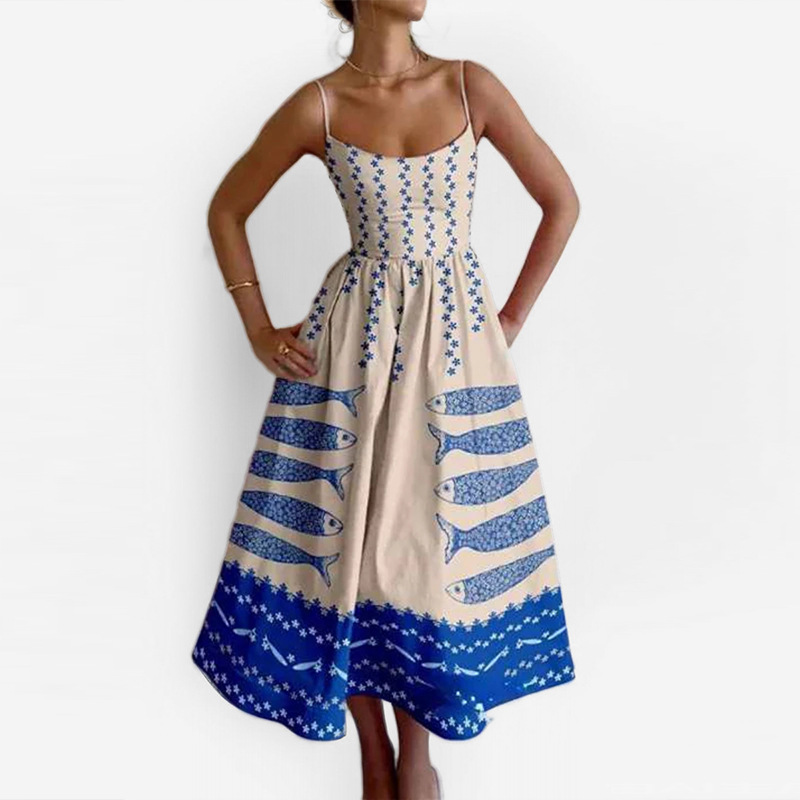 Women's Printed Sleeveless Ruched Waist Long Dress