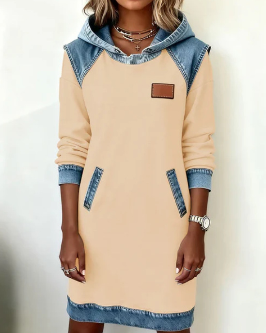 Hooded Faux Denim Patchwork Long Sleeve Sweatshirt Dress