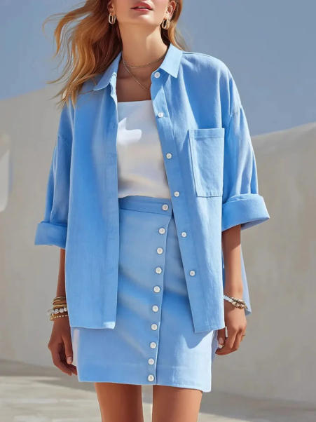 Women's Collared Long Sleeve Shirt and Button Skirt Linen-Blend Two-Piece Set