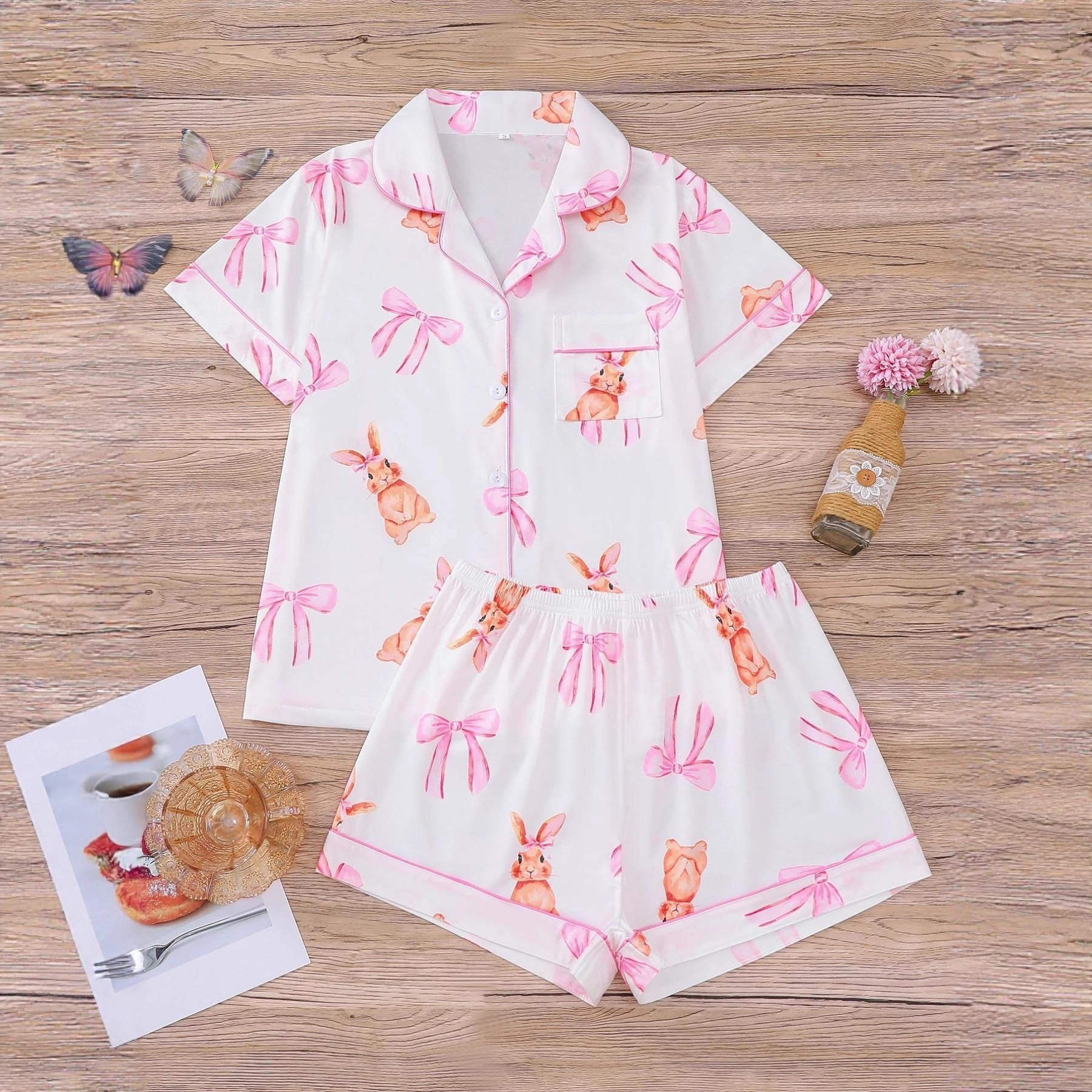Women's Cuban Collar Rabbit Print Two-Piece Set with Ribbon