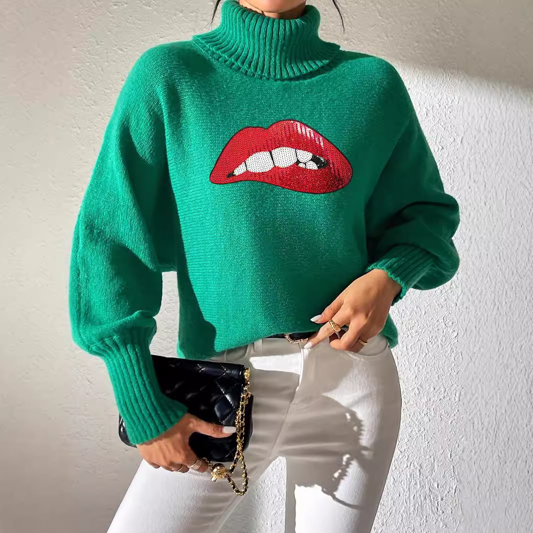 Women's Sequin Embroidered Cartoon Lips Turtleneck Pullover Sweater