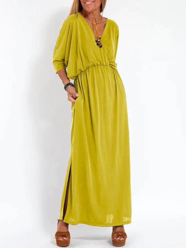 Women's High-Waist Slit Short-Sleeve Dress in Solid Colors