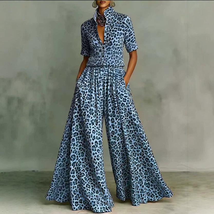 Women's Leopard Print Matching Set: Short Sleeve Loose Shirt & High Waist Wide Leg Pants