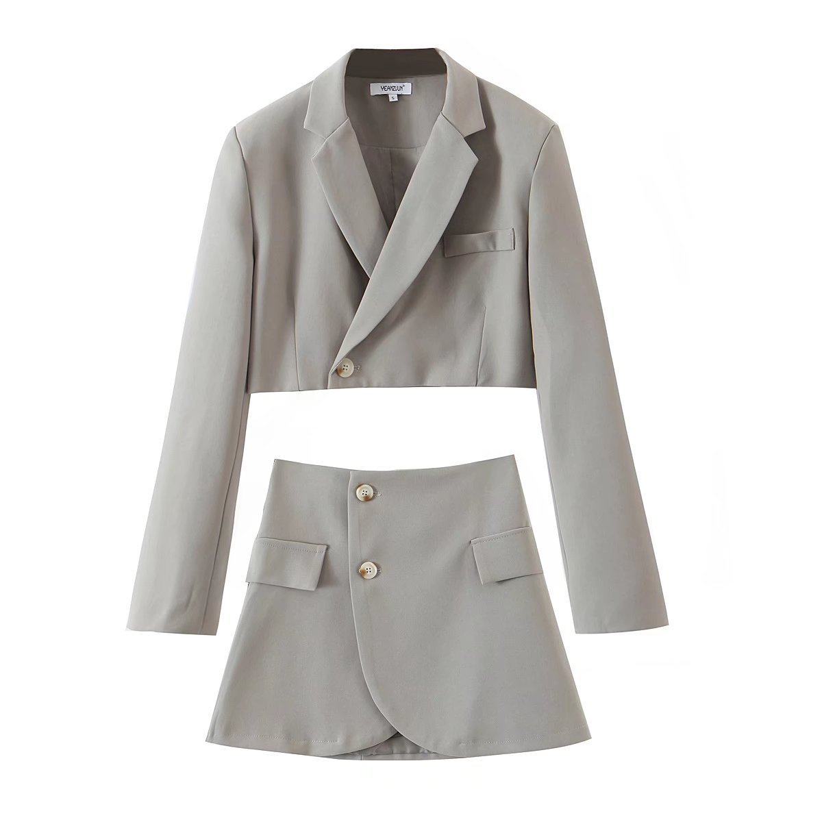 Women's Gray Blazer and Skirt Set Long Sleeve Commuter Two-Piece