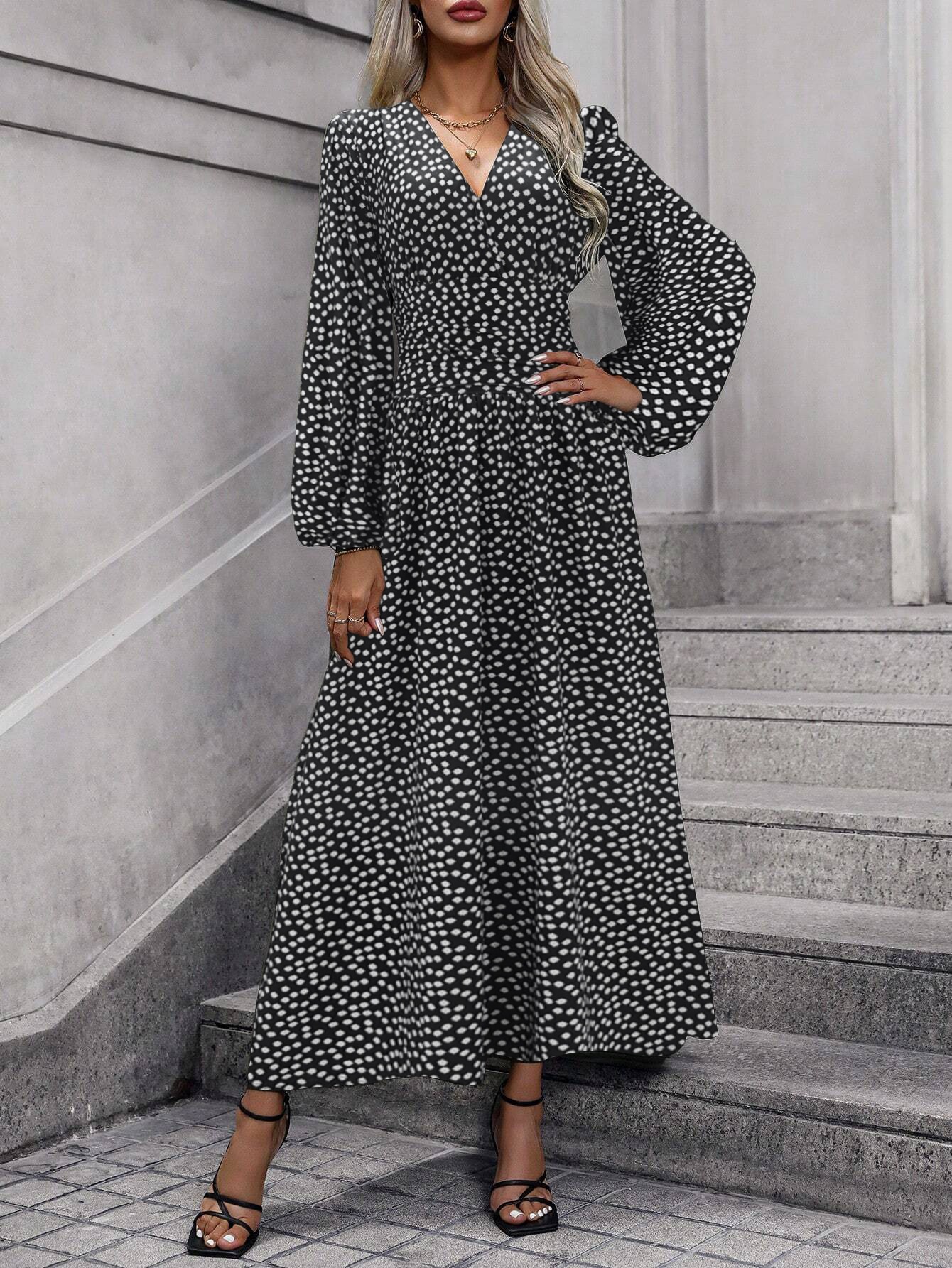 Women's Lantern Sleeve Ruched High Slit Dress