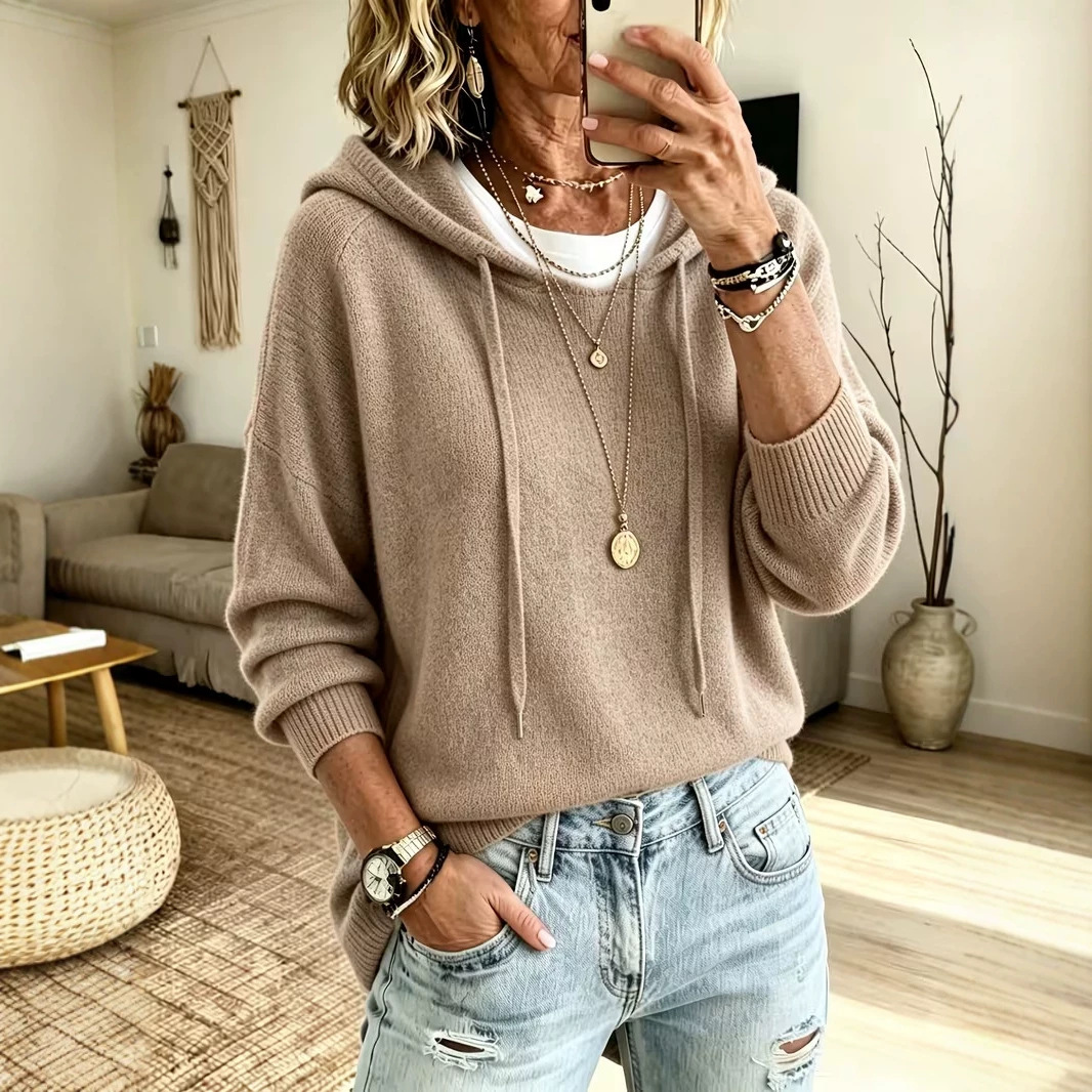 Women's Knit Hooded Drawstring Sweater Loose Pullover