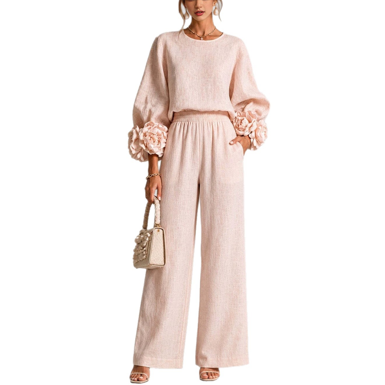 Rose Cuff Lantern Sleeve Top & High-Waist Wide-Leg Pants Set