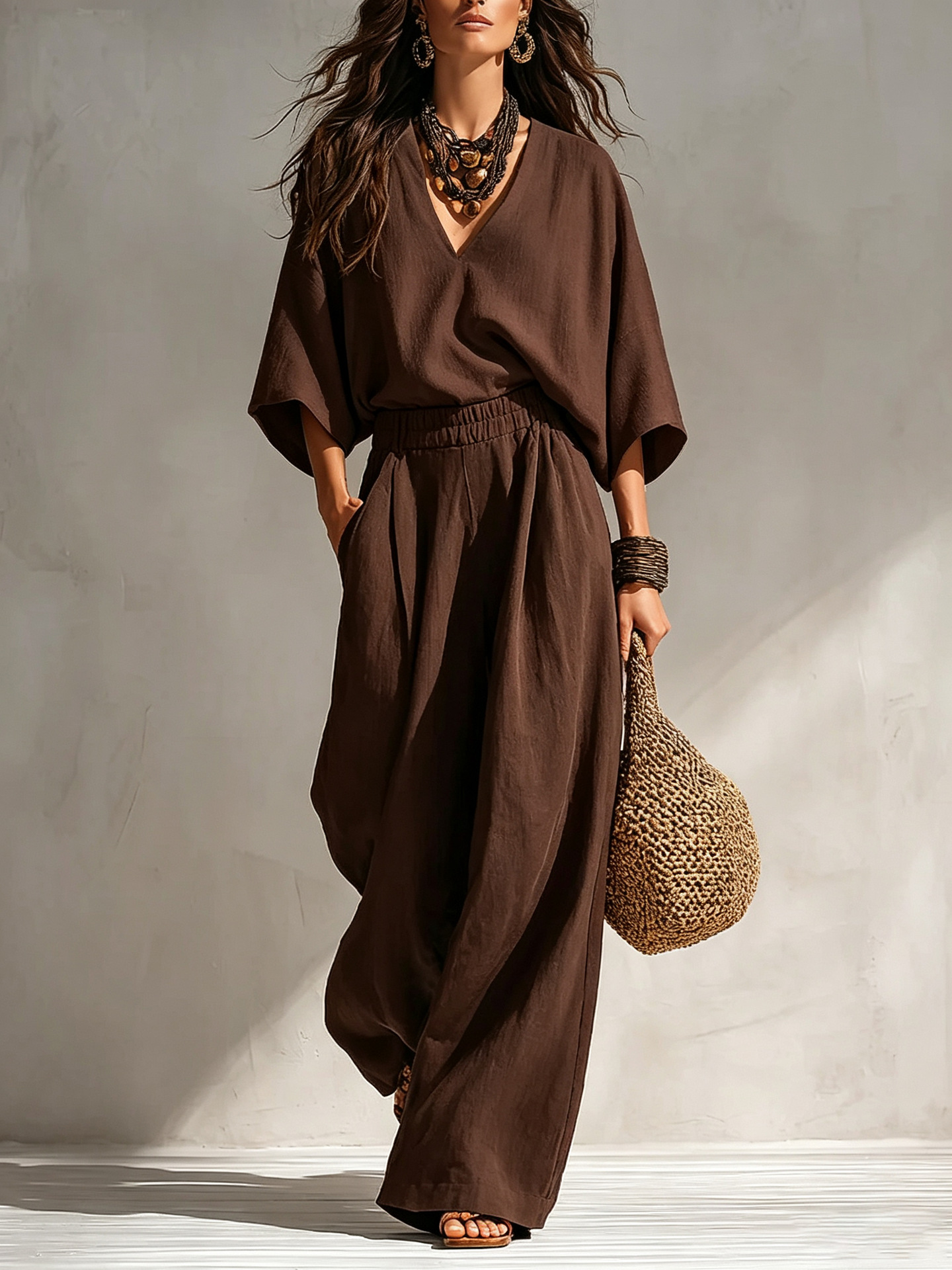 Bohemian Linen-Blend Deep V-Neck Short-Sleeve Wide-Leg Two-Piece Set