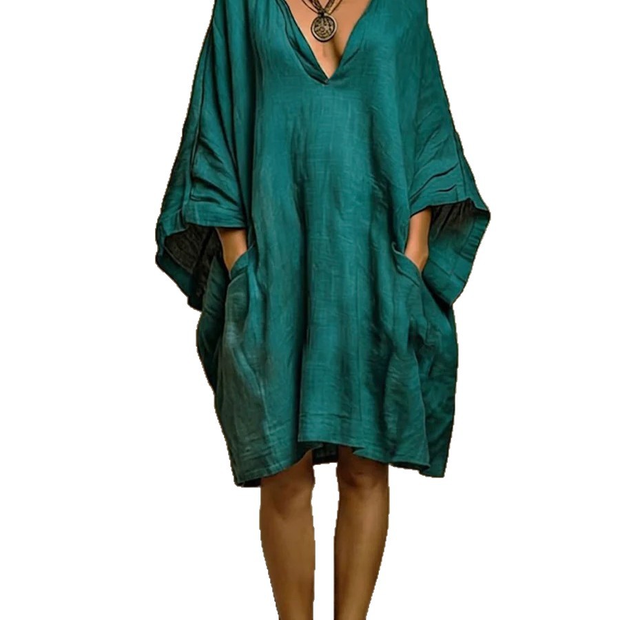 Women's Cotton-Linen Blend Batwing Sleeve Loose Midi Dress with Pockets