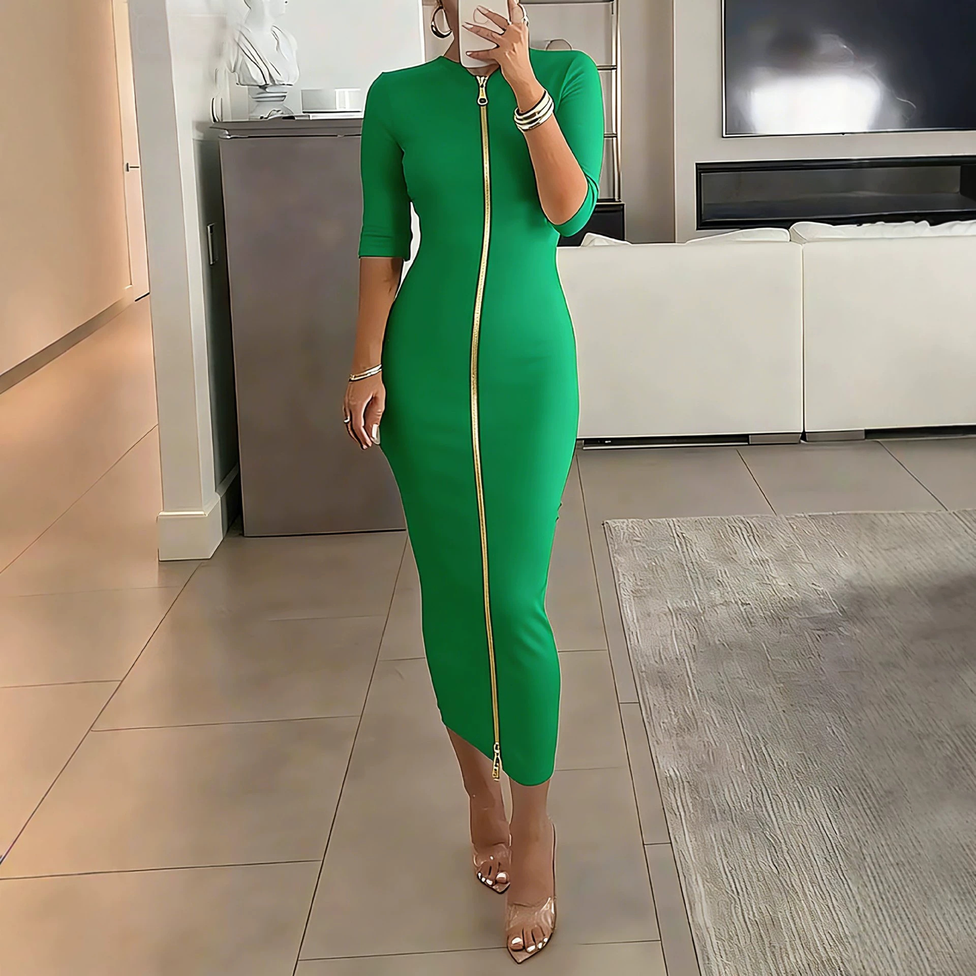 Plus Size Bodycon Midi Dress with Zip Short Sleeve Round Neck