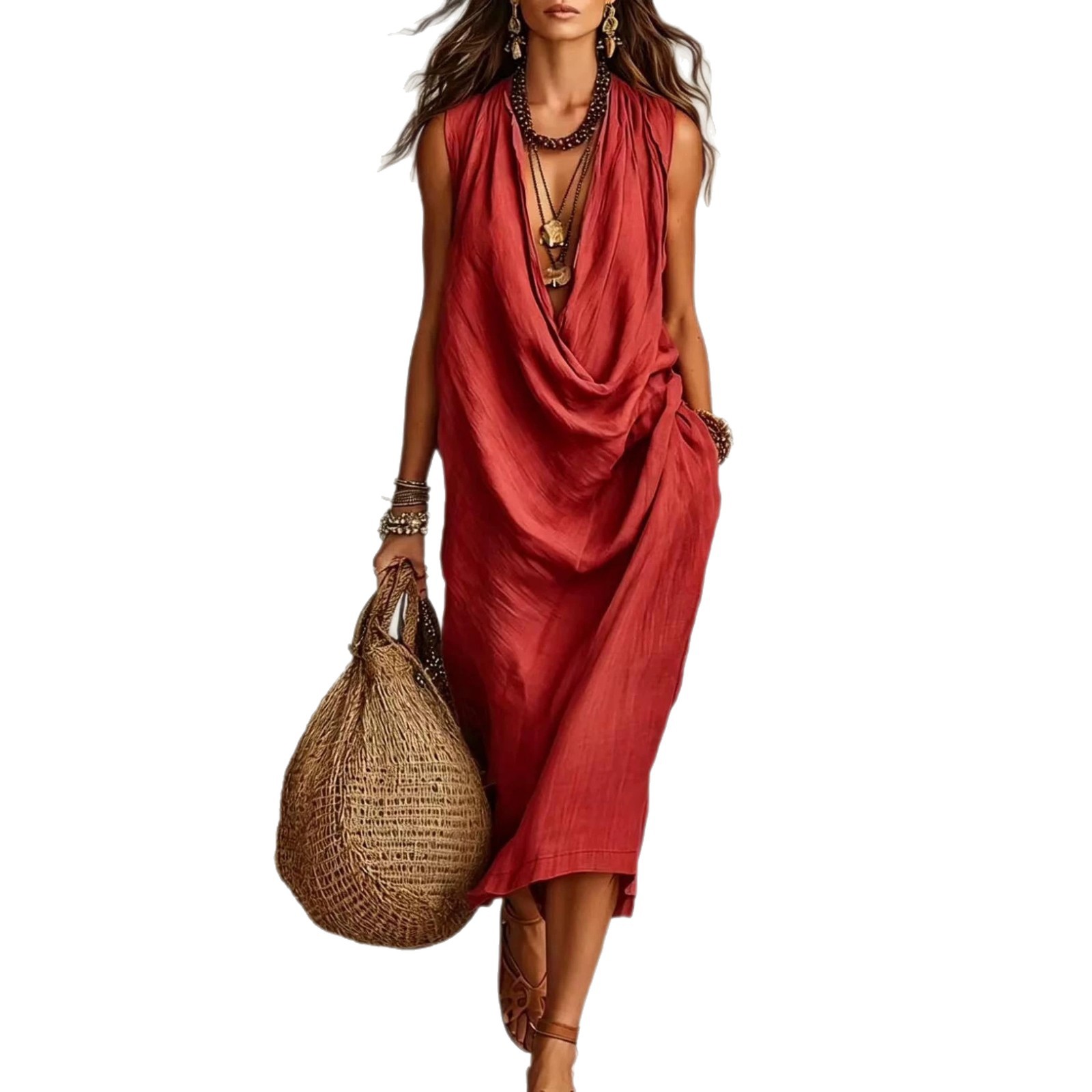 Women's Casual Draped Neck Cotton Linen Dress Loose Sleeveless Vacation Dress