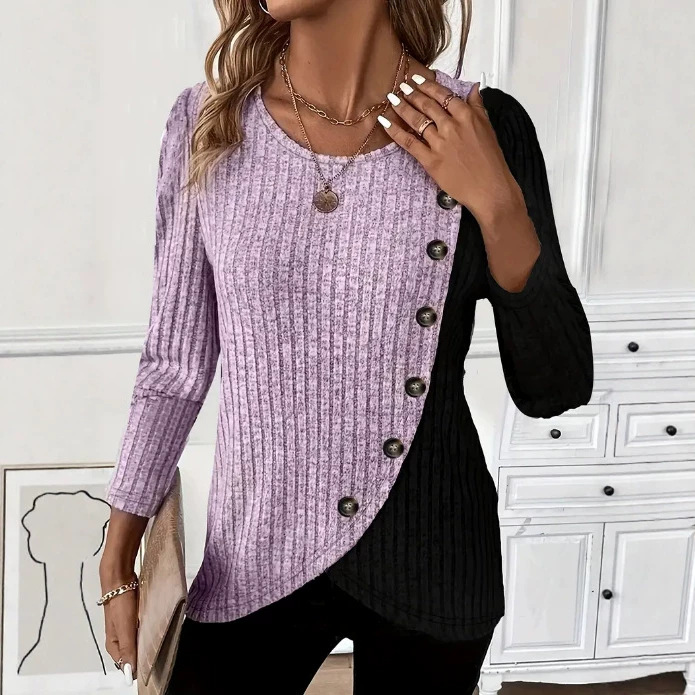 Women's Colorblock Ribbed Knit Long Sleeve Round Neck T-Shirt with Cross Hem