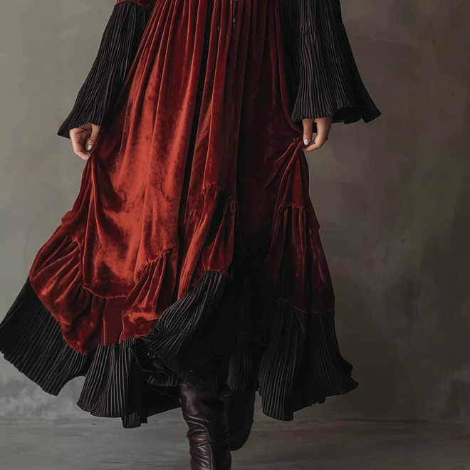 Retro Ruched Ruffle Velvet Midi Dress