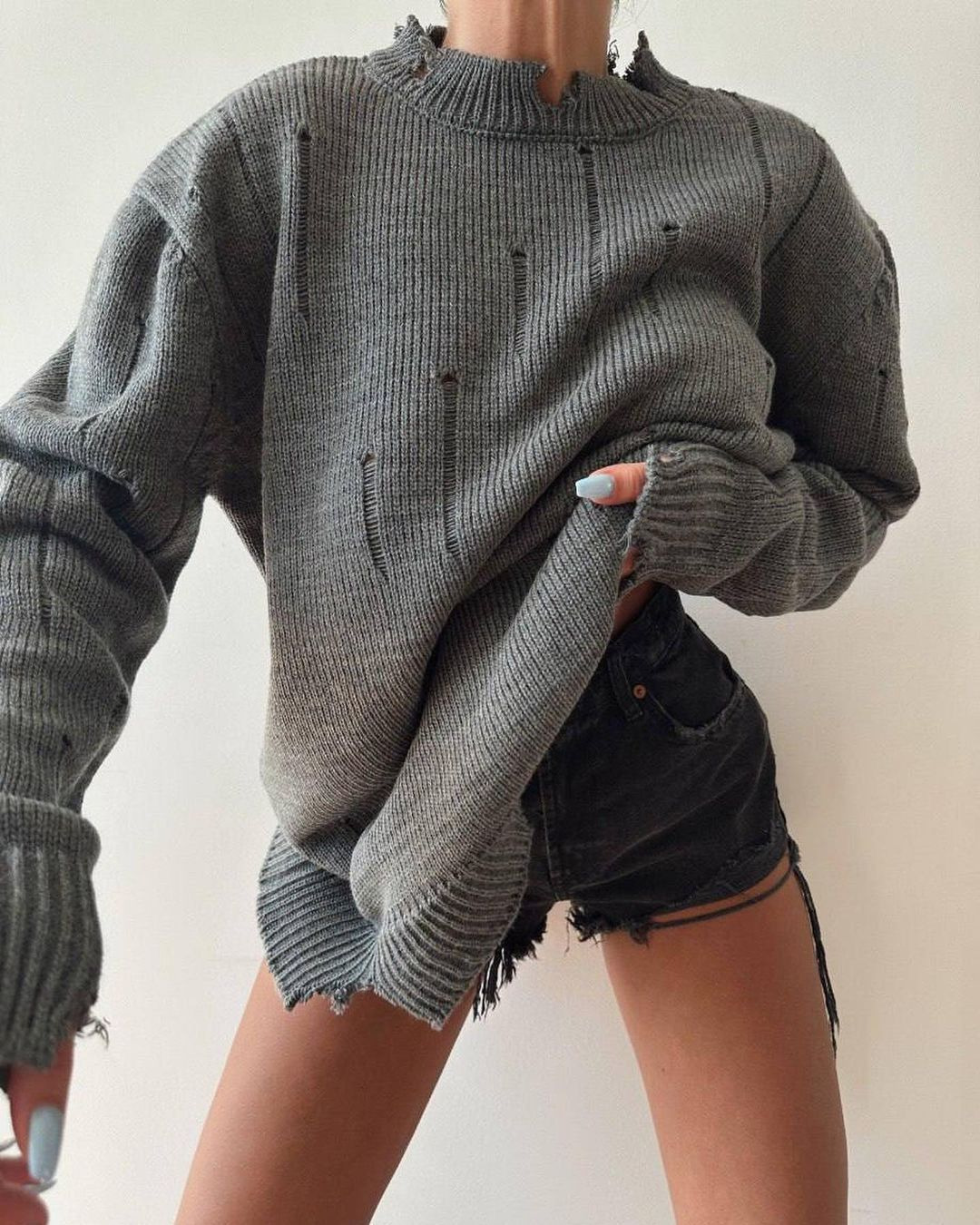 Women's Loose Distressed Crewneck Pullover Sweater
