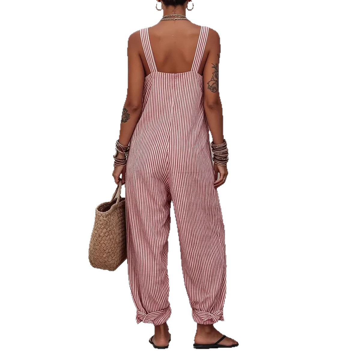 Women's Sleeveless Striped Print Loose Casual Jumpsuit