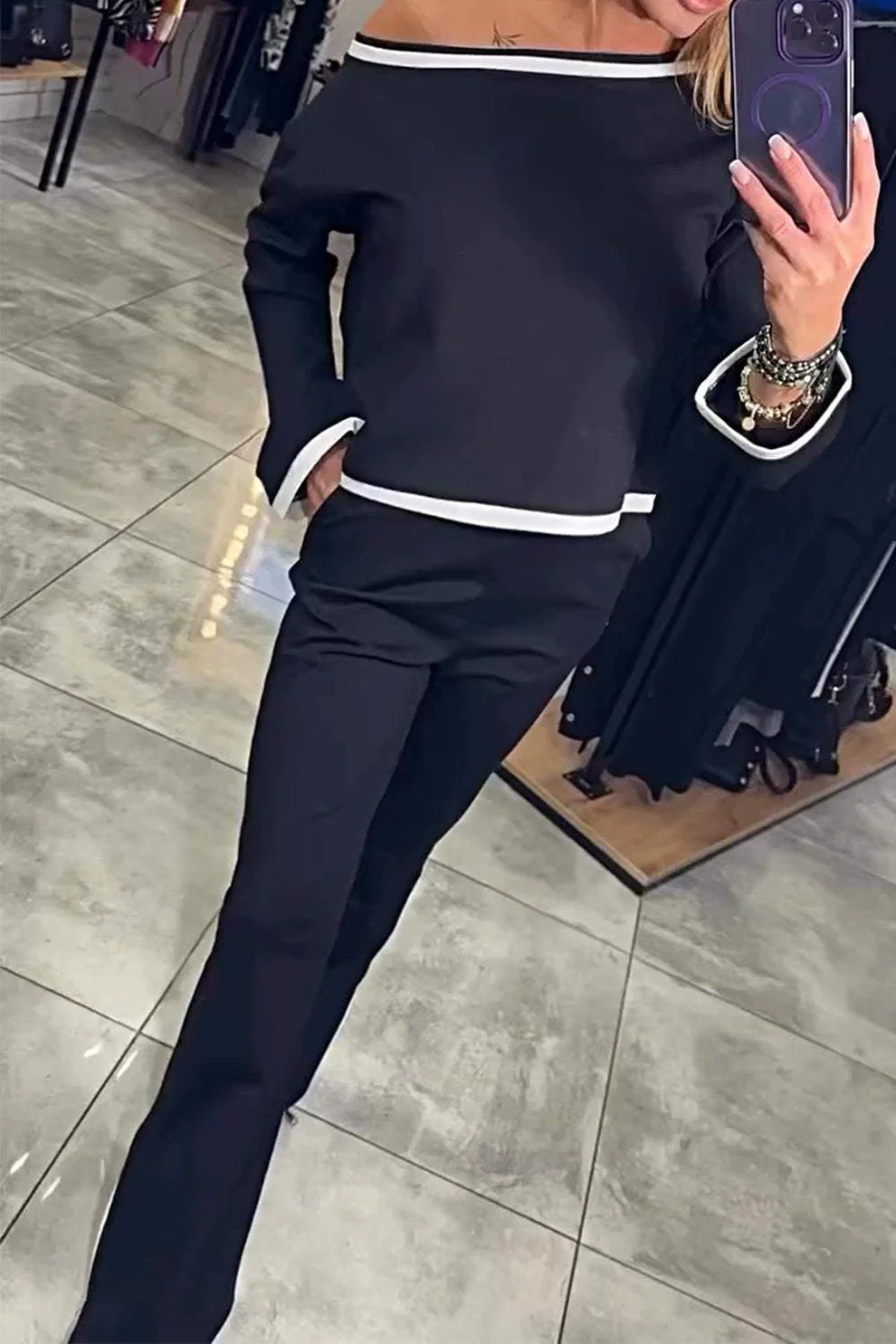Women's Casual Color-Block One-Shoulder Long-Sleeve Two-Piece Set
